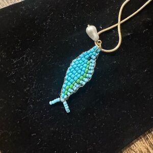 Blue and Green HandBeaded fish with a glass pearl necklace-get in on the trend🐟